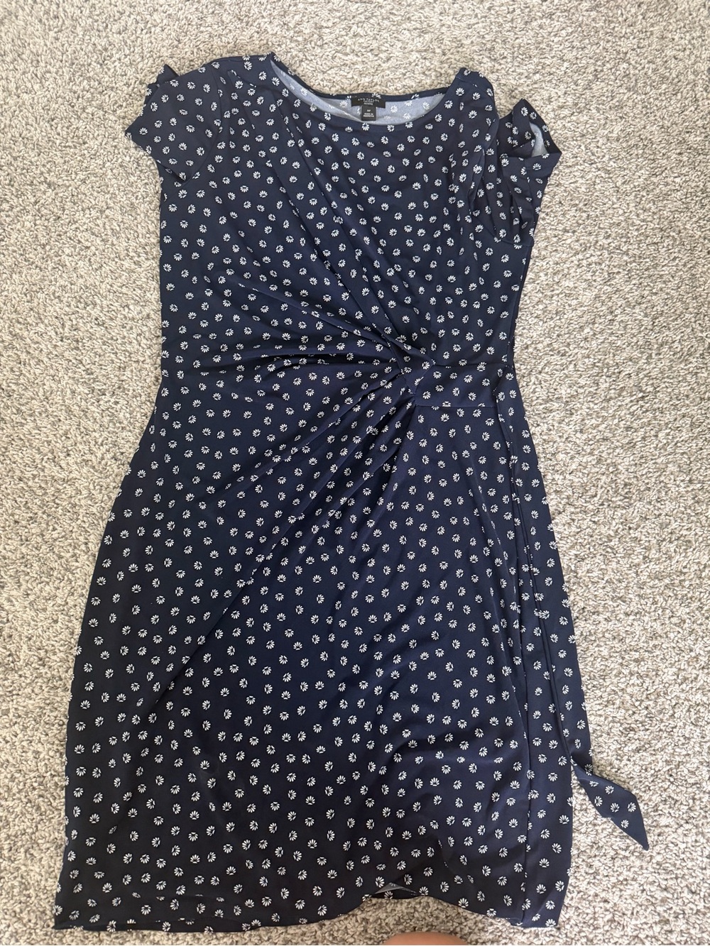 Ann Taylor Navy White Dot Twist-Front Cap Sleeve Dress